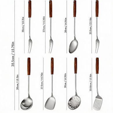 304 Stainless Steel Kitchen Utensils Set, 8 Pcs Long Cooking Tools with Ergonomic Wood Handle