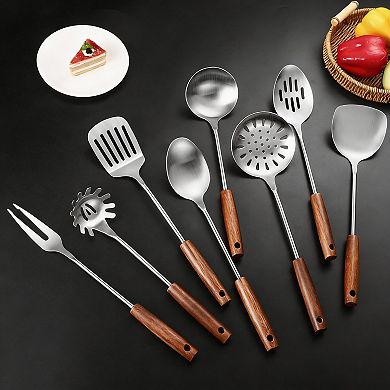 304 Stainless Steel Kitchen Utensils Set, 8 Pcs Long Cooking Tools with Ergonomic Wood Handle