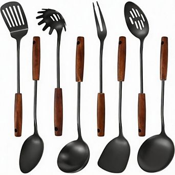304 Stainless Steel Kitchen Utensils Set, 8 pc Long Cooking Tools with Ergonomic Wood Handle