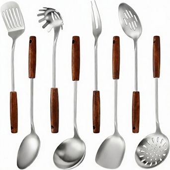 304 Stainless Steel Kitchen Utensils Set, 8 pc Long Cooking Tools with Ergonomic Wood Handle