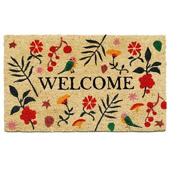 HomeRoots 17" X 29" Brown Red Black And Green Floral Birds Welcome Outdoor Coir Door Mat