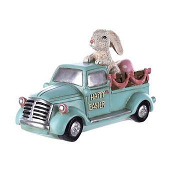 HomeRoots 10" Aqua Resin Happy Easter Bunny And Car Figurine