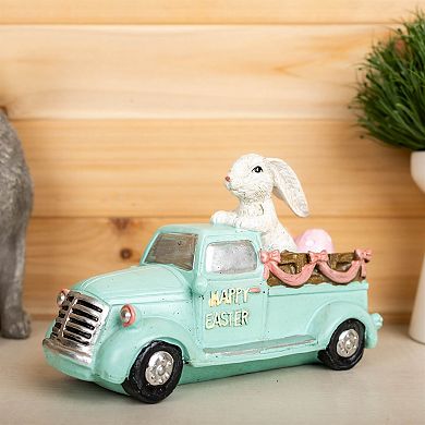 HomeRoots 10" Aqua Resin Happy Easter Bunny And Car Figurine