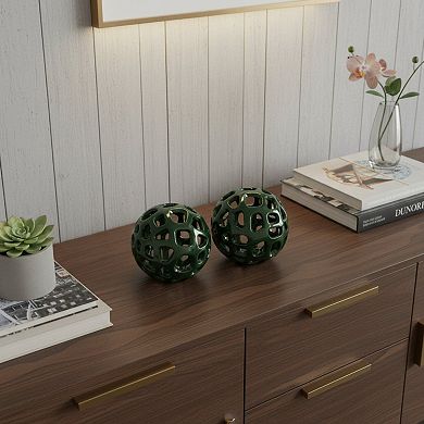 HomeRoots Set of Two Green Aluminum Hand Painted Decorative Orbs