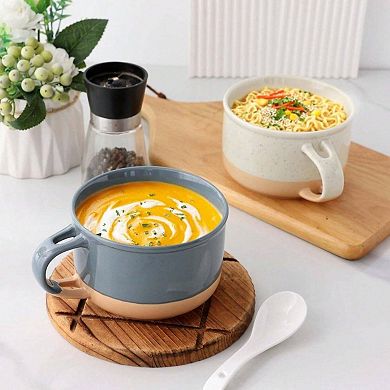2 Handcrafted Ceramic Soup Mugs with Lid & Spoon - Perfect for Daily Use