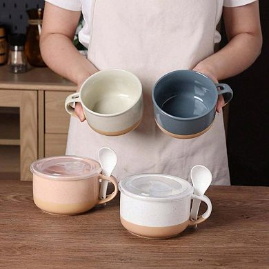 2 Handcrafted Ceramic Soup Mugs with Lid & Spoon - Perfect for Daily Use