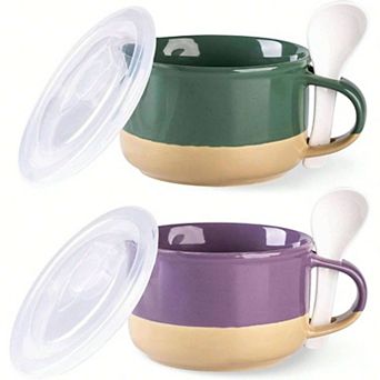 2 Handcrafted Ceramic Soup Mugs with Lid & Spoon - Perfect for Daily Use