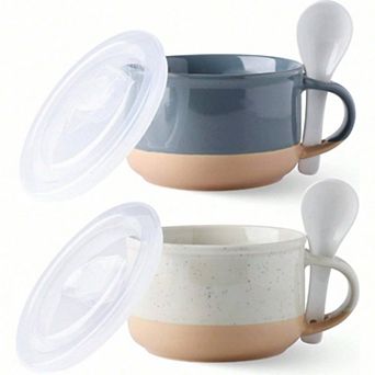 2 Handcrafted Ceramic Soup Mugs with Lid & Spoon - Perfect for Daily Use