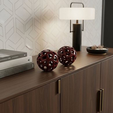 HomeRoots Set of Two Red Aluminum Hand Painted Decorative Orbs