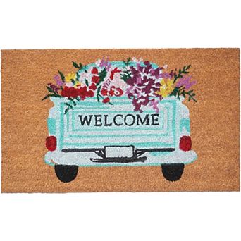 HomeRoots 17" X 29" Brown Aqua And Red Floral Welcome Outdoor Coir Door Mat
