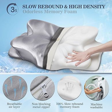 Ergonomic Memory Foam Pillow for All Sleepers - US Patent, Cooling Satin Case, 100-Night Trial