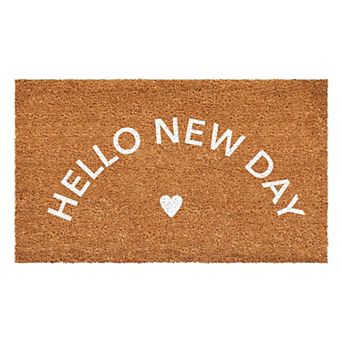 HomeRoots 17" X 29" Brown And White Hello New Day Outdoor Coir Door Mat