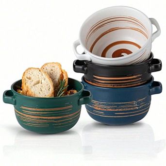 4 Handpainted Japanese Inspired Soup Bowls with Ergonomic Handles for Versatile Use