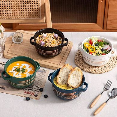 4 Handpainted Japanese Inspired Soup Bowls with Ergonomic Handles for Versatile Use