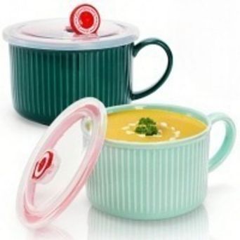 2 Microwave Safe Ceramic Soup Bowls with Vented Lids, 32oz, Leakproof, Durable, for Ramen, Oatmeal