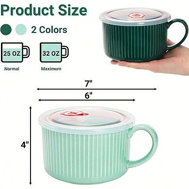 2 Microwave Safe Ceramic Soup Bowls with Vented Lids, 32oz, Leakproof, Durable, for Ramen, Oatmeal
