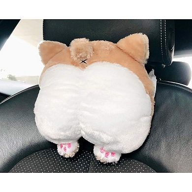 Cute Corgi Shaped Car Headrest Pillow - PP Cotton, Soft, Adjustable