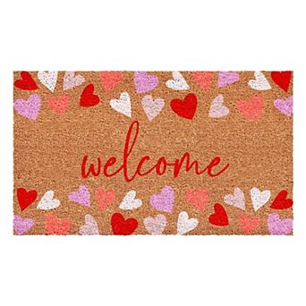 HomeRoots 17" X 29" Brown Pink Red And White Hearts Welcome Outdoor Coir Door Mat