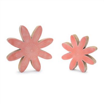 HomeRoots Set of Two Pink Wood Flowers Tabletop Sculptures