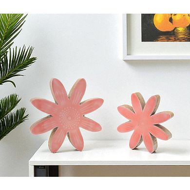 HomeRoots Set of Two Pink Wood Flowers Tabletop Sculptures