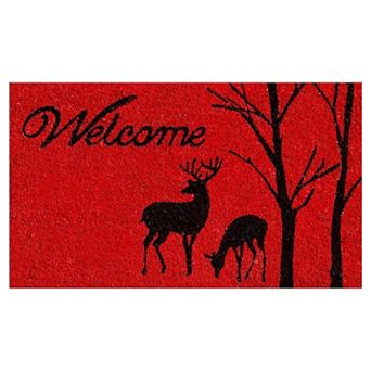 HomeRoots 17" X 29" Red And Black Christmas Deer Welcome Outdoor Coir Door Mat