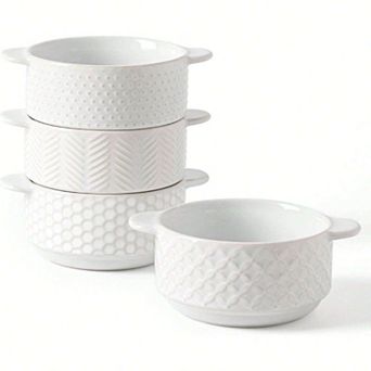 Embossed Ceramic Bowls, 20oz, Set of 4 - Farmhouse Style Handles, Microwave & Oven Safe