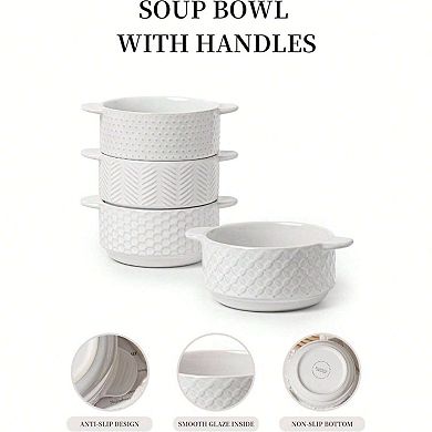 Embossed Ceramic Bowls, 20oz, Set of 4 - Farmhouse Style Handles, Microwave & Oven Safe