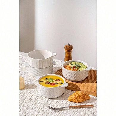 Embossed Ceramic Bowls, 20oz, Set of 4 - Farmhouse Style Handles, Microwave & Oven Safe