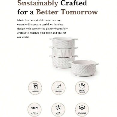 Embossed Ceramic Bowls, 20oz, Set of 4 - Farmhouse Style Handles, Microwave & Oven Safe