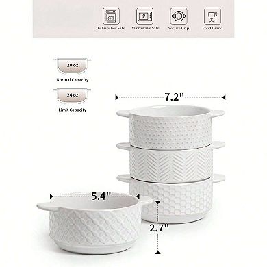 Embossed Ceramic Bowls, 20oz, Set of 4 - Farmhouse Style Handles, Microwave & Oven Safe