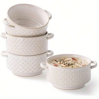 Ceramic Soup Bowls with Handles,Oven & Microwave Safe, Stackable, Elegant French Design