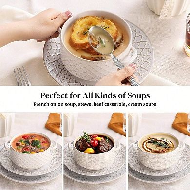 Ceramic Soup Bowls with Handles,Oven & Microwave Safe, Stackable, Elegant French Design