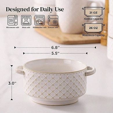 Ceramic Soup Bowls with Handles,Oven & Microwave Safe, Stackable, Elegant French Design