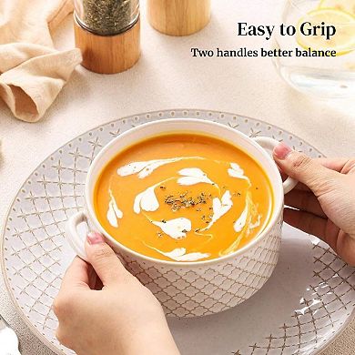 Ceramic Soup Bowls with Handles,Oven & Microwave Safe, Stackable, Elegant French Design