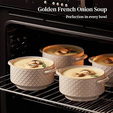 Ceramic Soup Bowls with Handles,Oven & Microwave Safe, Stackable, Elegant French Design