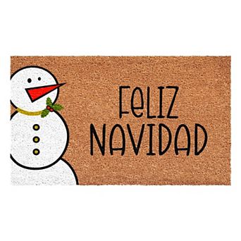 HomeRoots 17" X 29" Natural Black And White Feliz Navidad Snowman Coir Door Mat