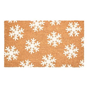 HomeRoots 17" X 29" Brown And White Christmas Snowflake Outdoor Coir Door Mat