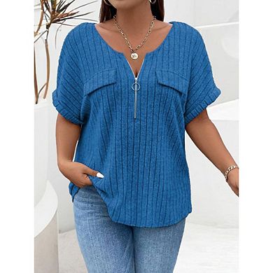Women's Plus Size Zip Neck Short Sleeve T-Shirt Casual Ribbed Knit Top Summer Tee