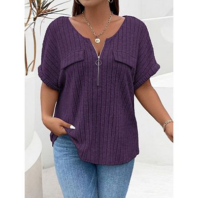 Women's Plus Size Zip Neck Short Sleeve T-Shirt Casual Ribbed Knit Top Summer Tee