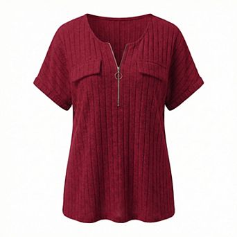 Women's Plus Size Zip Neck Short Sleeve T-Shirt Casual Ribbed Knit Top Summer Tee