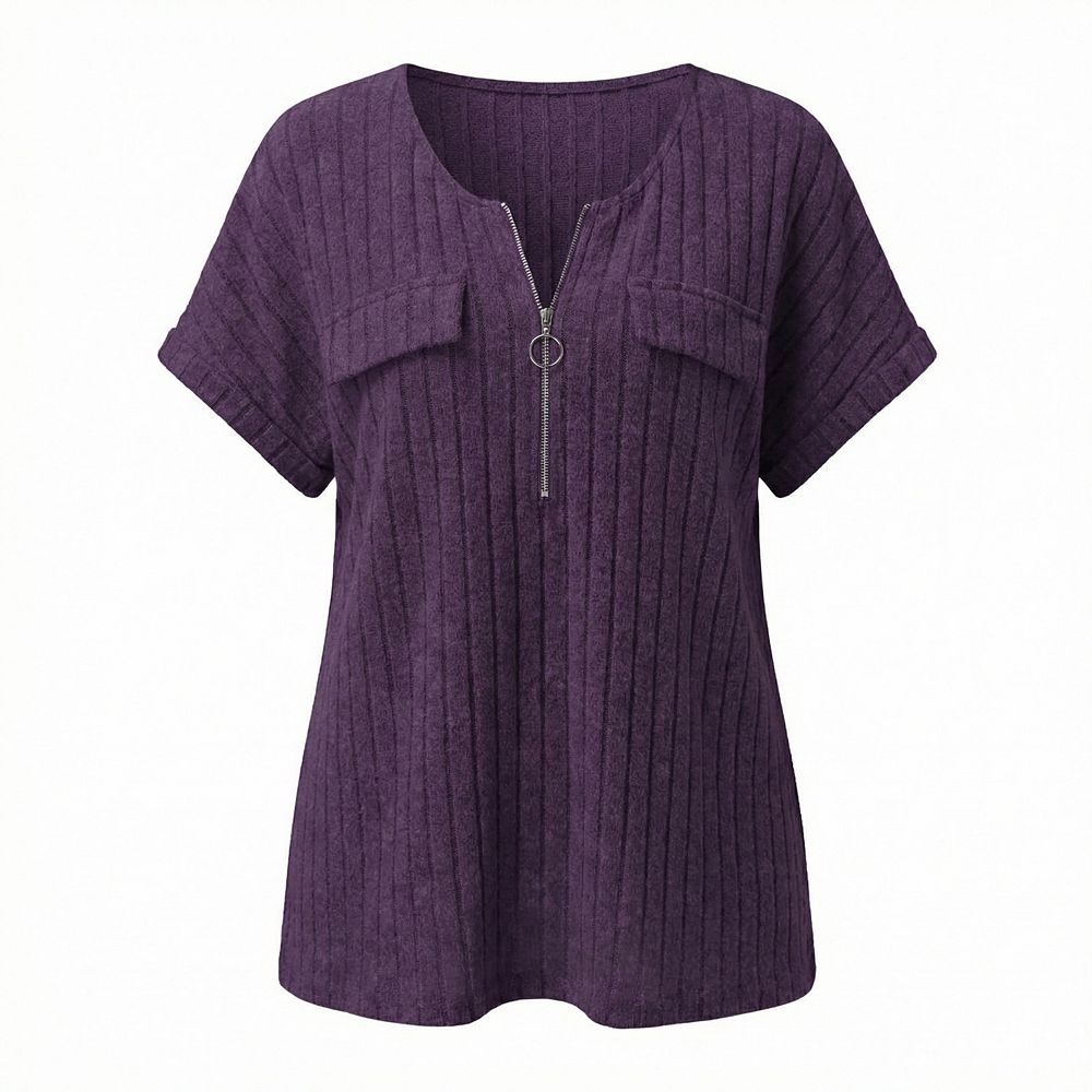 Women's Plus Size Zip Neck Short Sleeve T-Shirt Casual Ribbed Knit