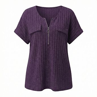 Women's Plus Size Zip Neck Short Sleeve T-Shirt Casual Ribbed Knit Top Summer Tee