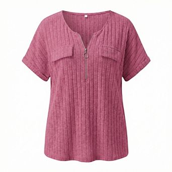 Women's Plus Size Zip Neck Short Sleeve T-Shirt Casual Ribbed Knit Top Summer Tee