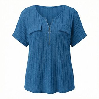 Women's Plus Size Zip Neck Short Sleeve T-Shirt Casual Ribbed Knit Top Summer Tee