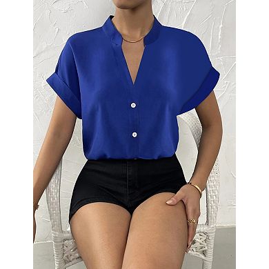 Women's Short Sleeve V-Neck Blouse Button Down Shirt Casual Summer Tops