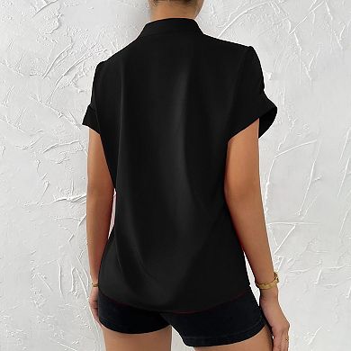Women's Short Sleeve V-Neck Blouse Button Down Shirt Casual Summer Tops
