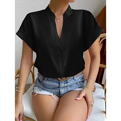 Women's Short Sleeve V-Neck Blouse Button Down Shirt Casual Summer Tops