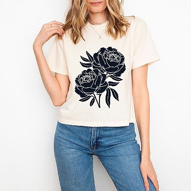 Navy Roses - Women's Boxy Crop Top Graphic T-Shirt