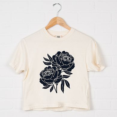 Navy Roses - Women's Boxy Crop Top Graphic T-Shirt