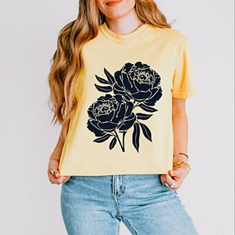 Navy Roses - Women's Boxy Crop Top Graphic T-Shirt